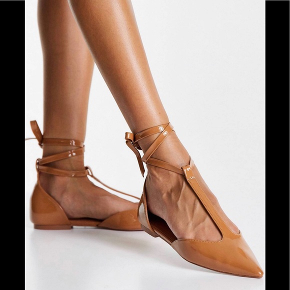 NEW/NEVER WORN ASOS DESIGNS LEAF T-Bar BALLET FLATS w/TIE LEG M - Picture 1 of 5